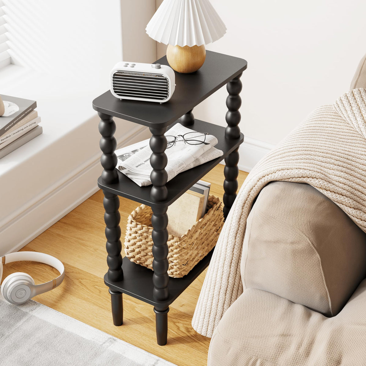 JERX 3-Tier Narrow Side Table Small End Table Black