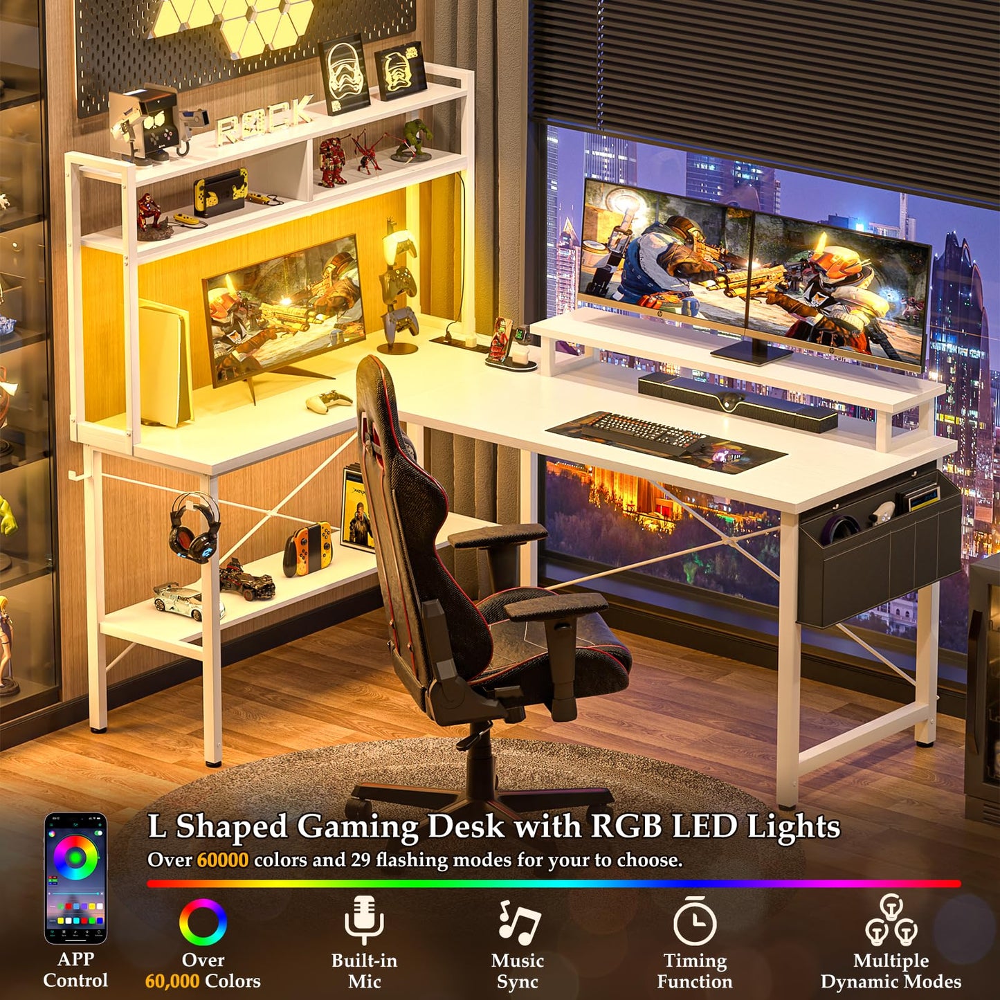 iSunirm L Shaped Gaming Desk with Power Outlets & LED Lights, Small L- Shaped Computer Corner Desk with Monitor Stand & Storage Shelf