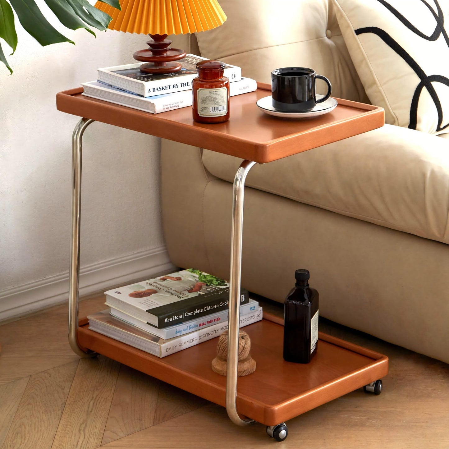 YESWOOD Solid Wood Side Table with Wheels, C Shaped Rolling End Table