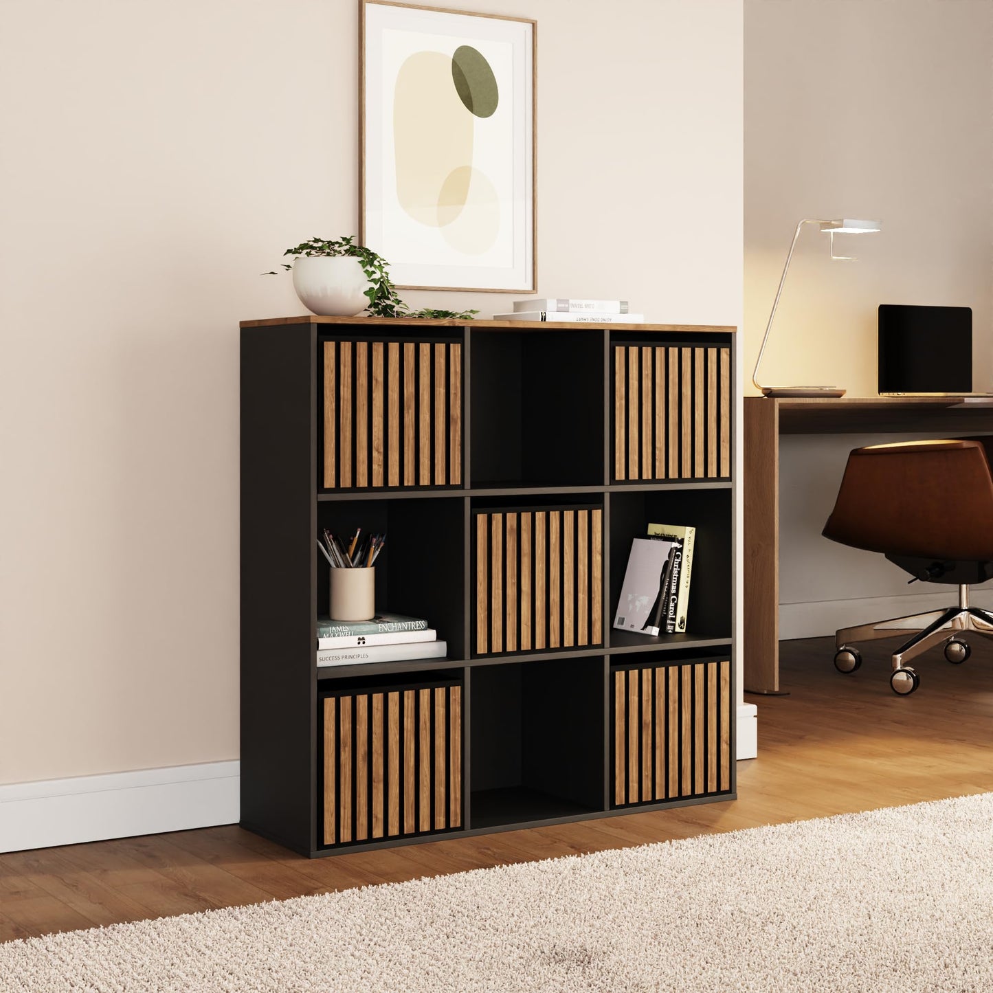 GFW Kube Cube 3x3 Storage Unit, Black & Walnut Effect Shelving Unit with Open & Hidden Storage