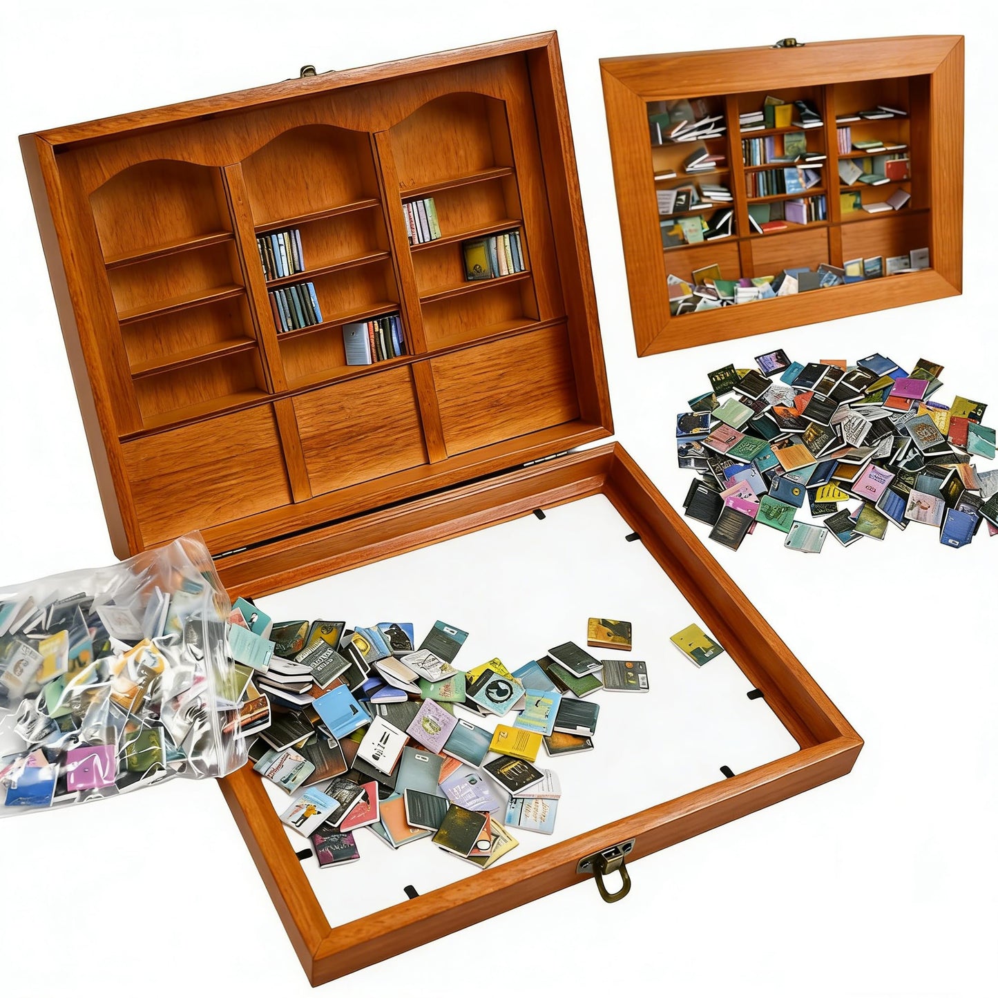 Vurixfo Anxiety Bookshelf, Wood Mini Bookshelf with 200 Pcs Mini Brands Books Shake Away Your Anxiety Miniature Book Display Shelf Stress Relief