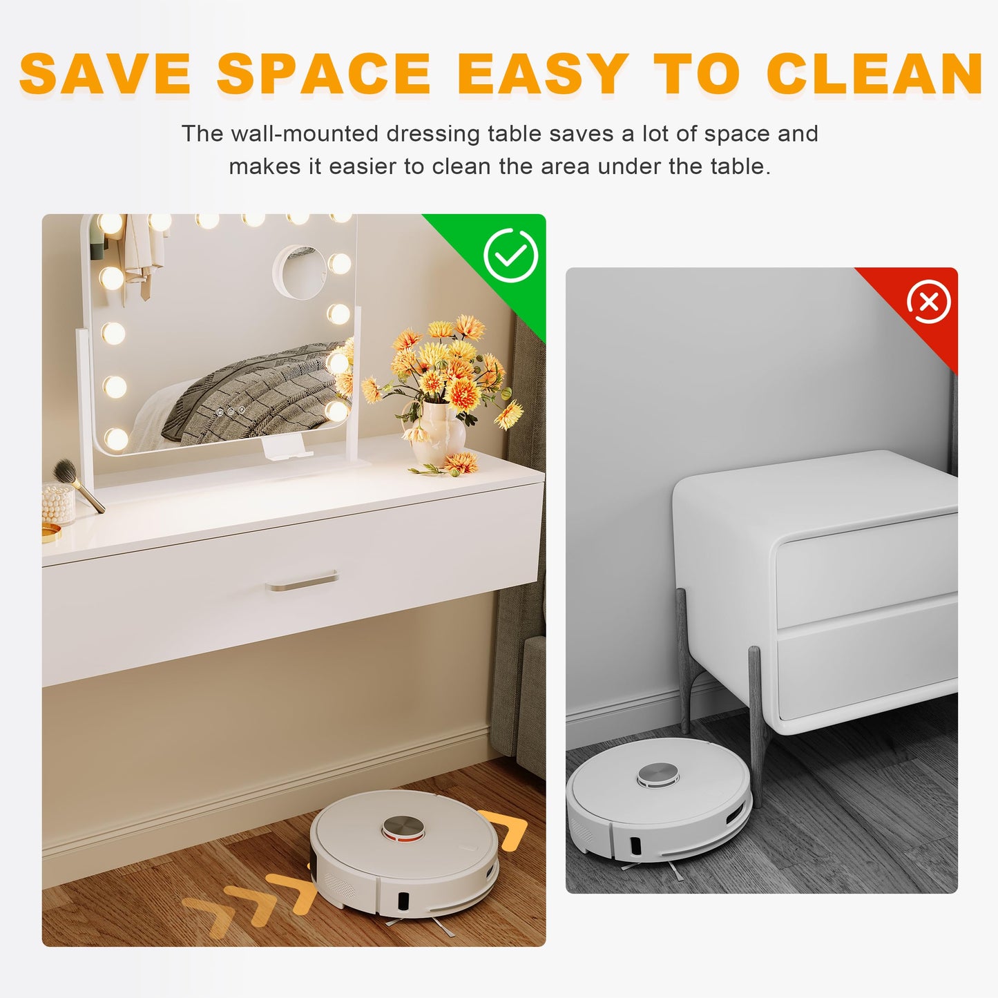 ELEGANT Wall Mounted Dressing Table with Mirror and Adjustable LED Bulbs, White Floating Shelf with Partition Storage