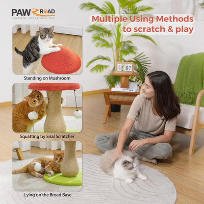 PAWZ Road Cute Cat Scratching Post, Mushroom Cat Scratcher with 100% Sisal Covered Scratching Post & Pompoms Cat Toy, Mushroom Cat Post for Indoor
