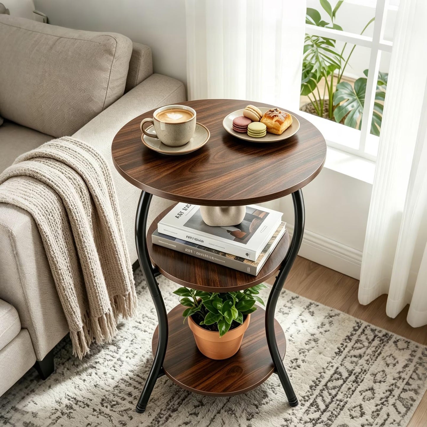 3 Tier Round Side Table 40cm Slim Round Coffee Table Vintage, Round Small End Table with Wooden Storage Shelves