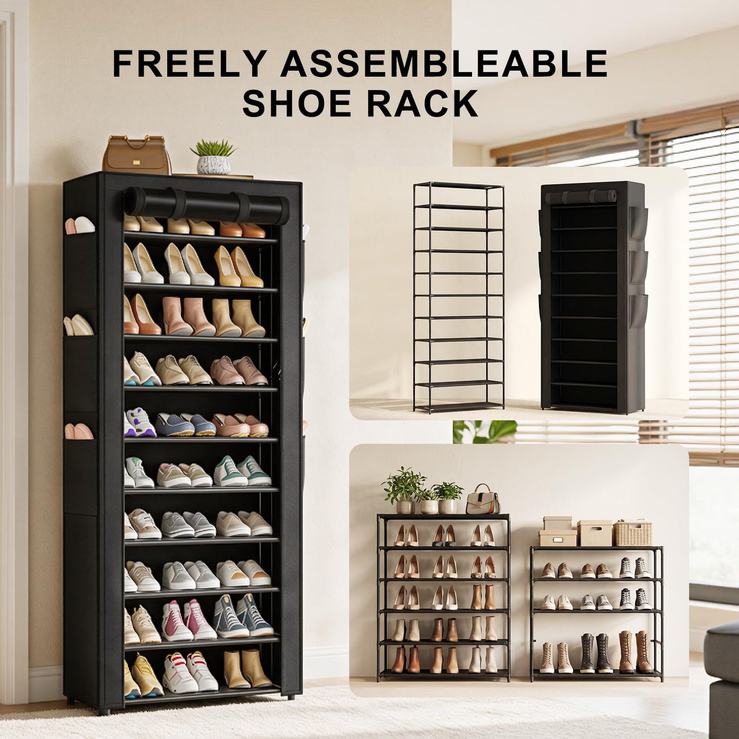 OYREL Shoe Rack with Cover, 10+1 Tier Tall 36-41 Pairs with 6 Side Pockets
