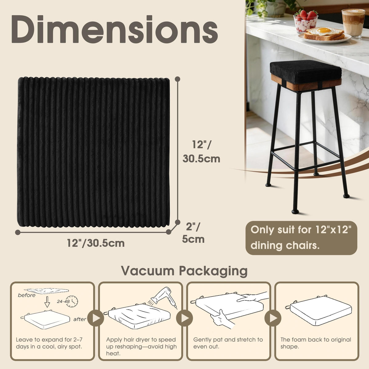 ZenComfy 30x30cm Bar Stool Cushions Square Set of 4 Black
