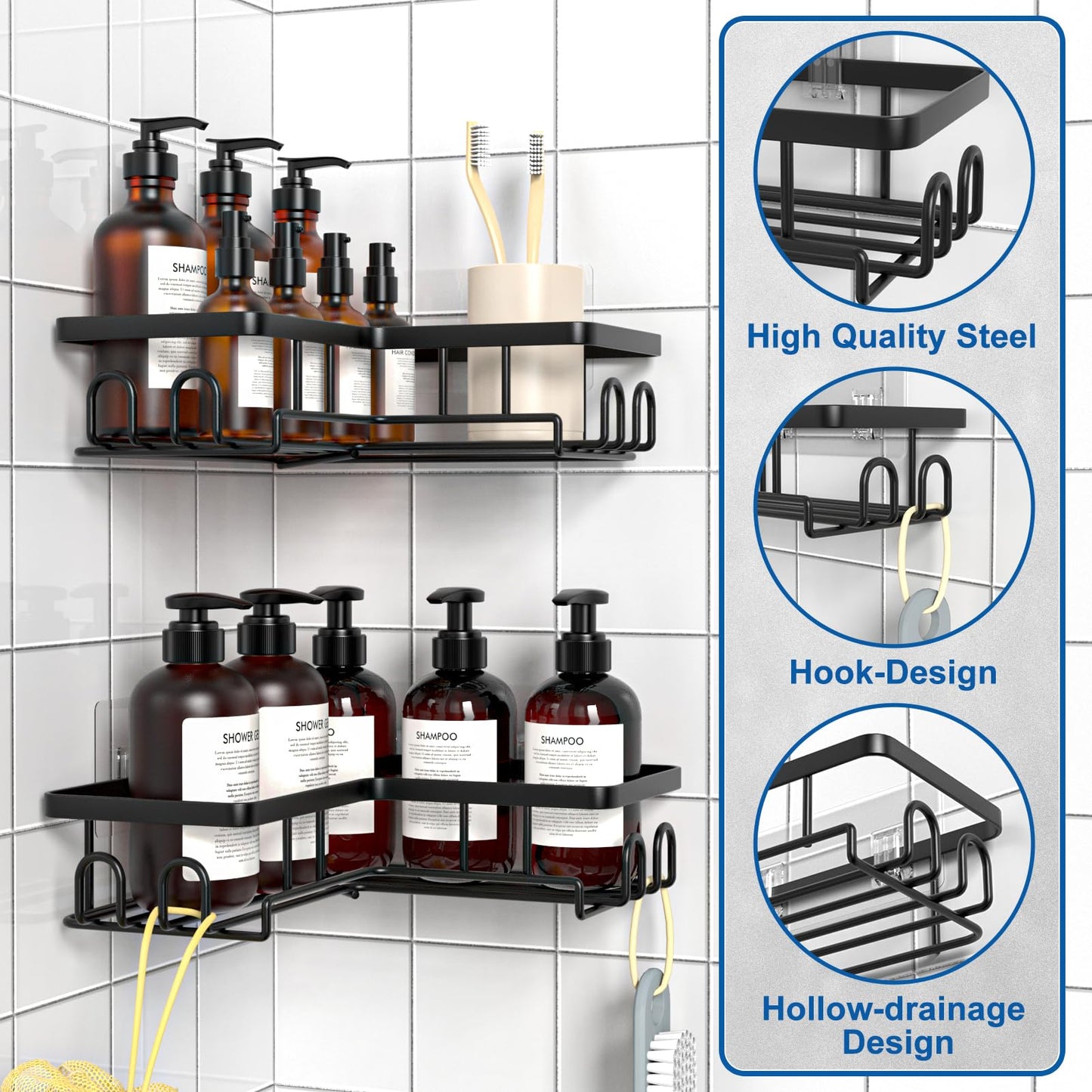 Diwoker Corner Shower Caddy, Adhesive Bathroom Storage (Black, 2-Pack)
