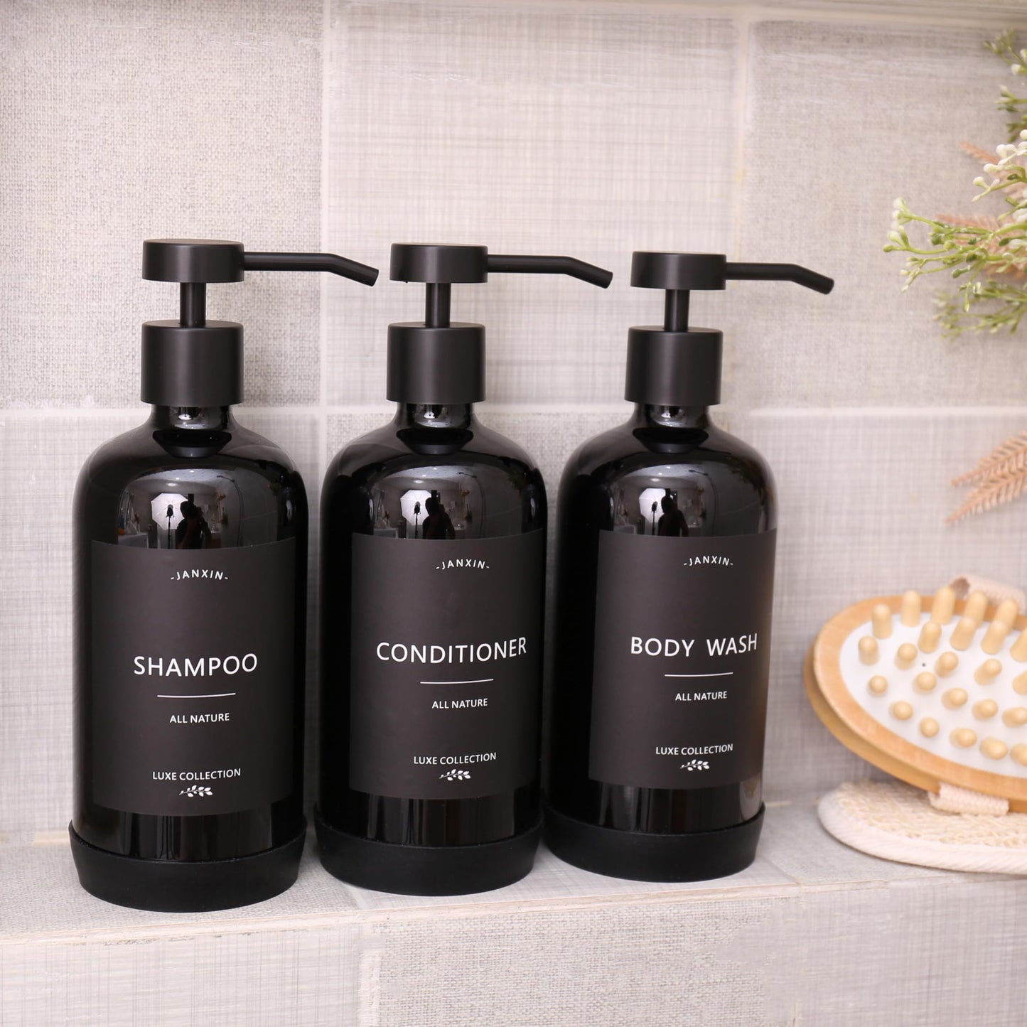 Janxin Shampoo and Conditioner Dispenser Set of 3,Refillable 21oz Shampoo Bottles with Non-Slip Protective Silicone Pad,Shower Soap Dispenser with