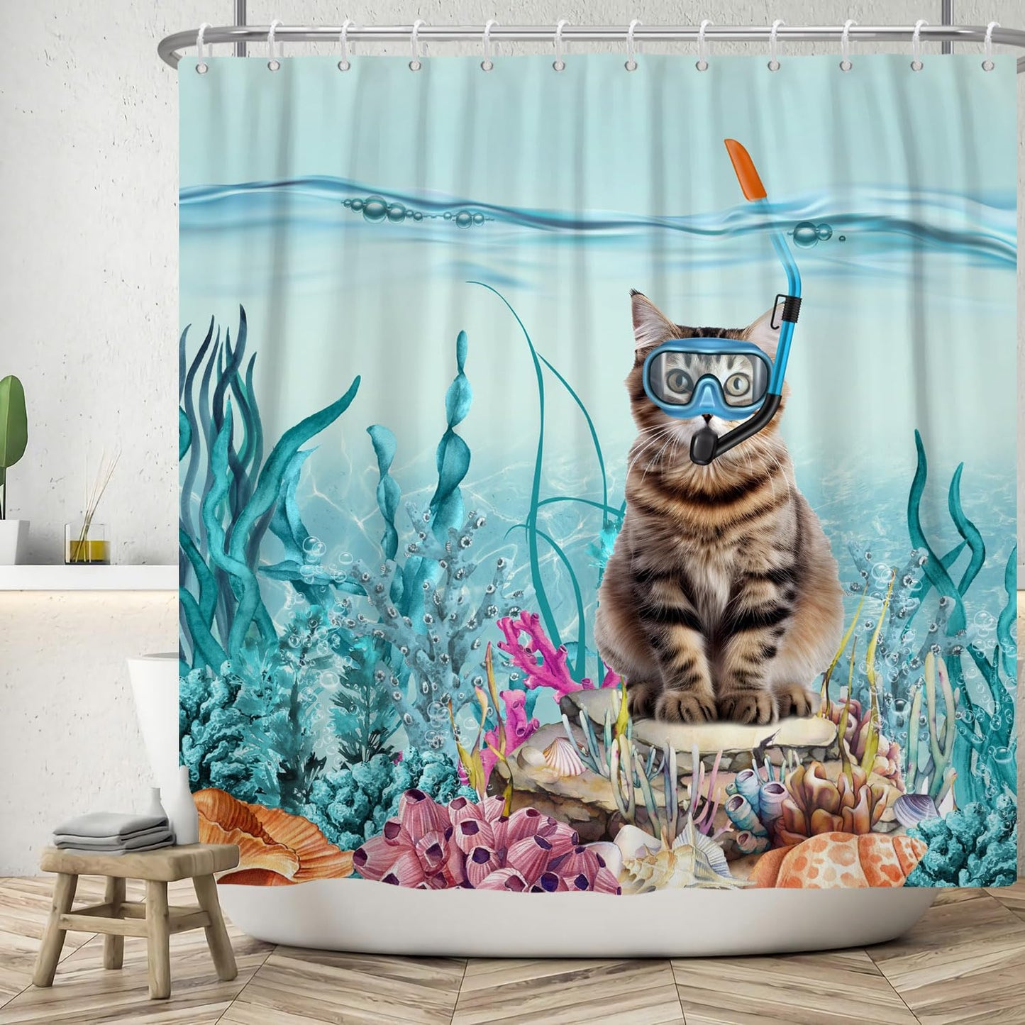 SDOTPMT 180x180cm Funny Cat Shower Curtain Cute Kitten Diving in Teal Blue Ocean Sea Coral Marine Alga Bathroom Curtain Waterproof Fabric Polyester