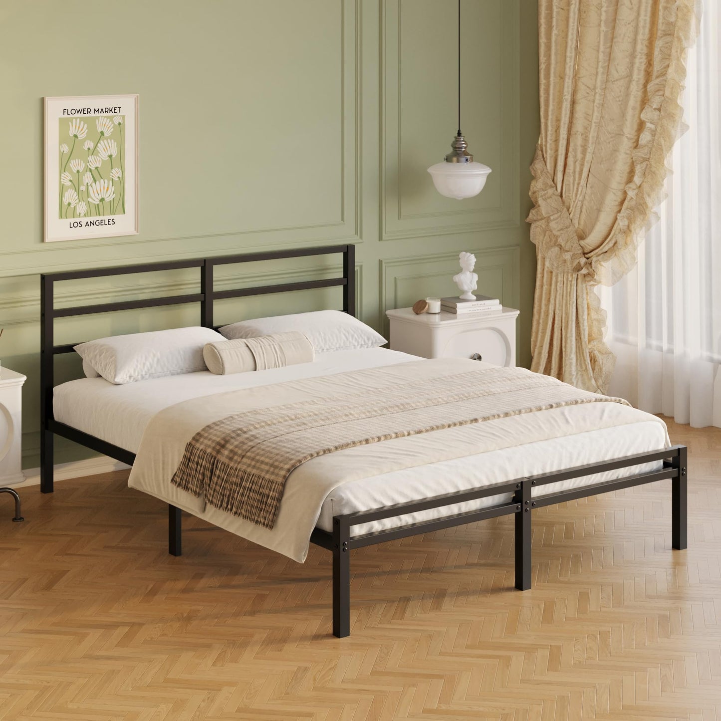 Lutown-Teen Metal Double Bed Frame with Headboard and Footboard