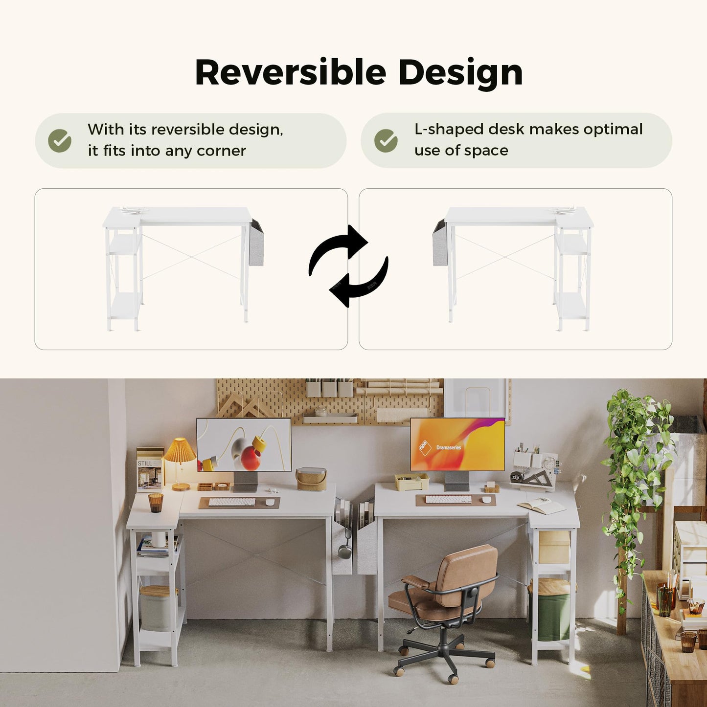 Mericonia Reversible Corner Desk, w. Power Outlets, 100x70cm, White