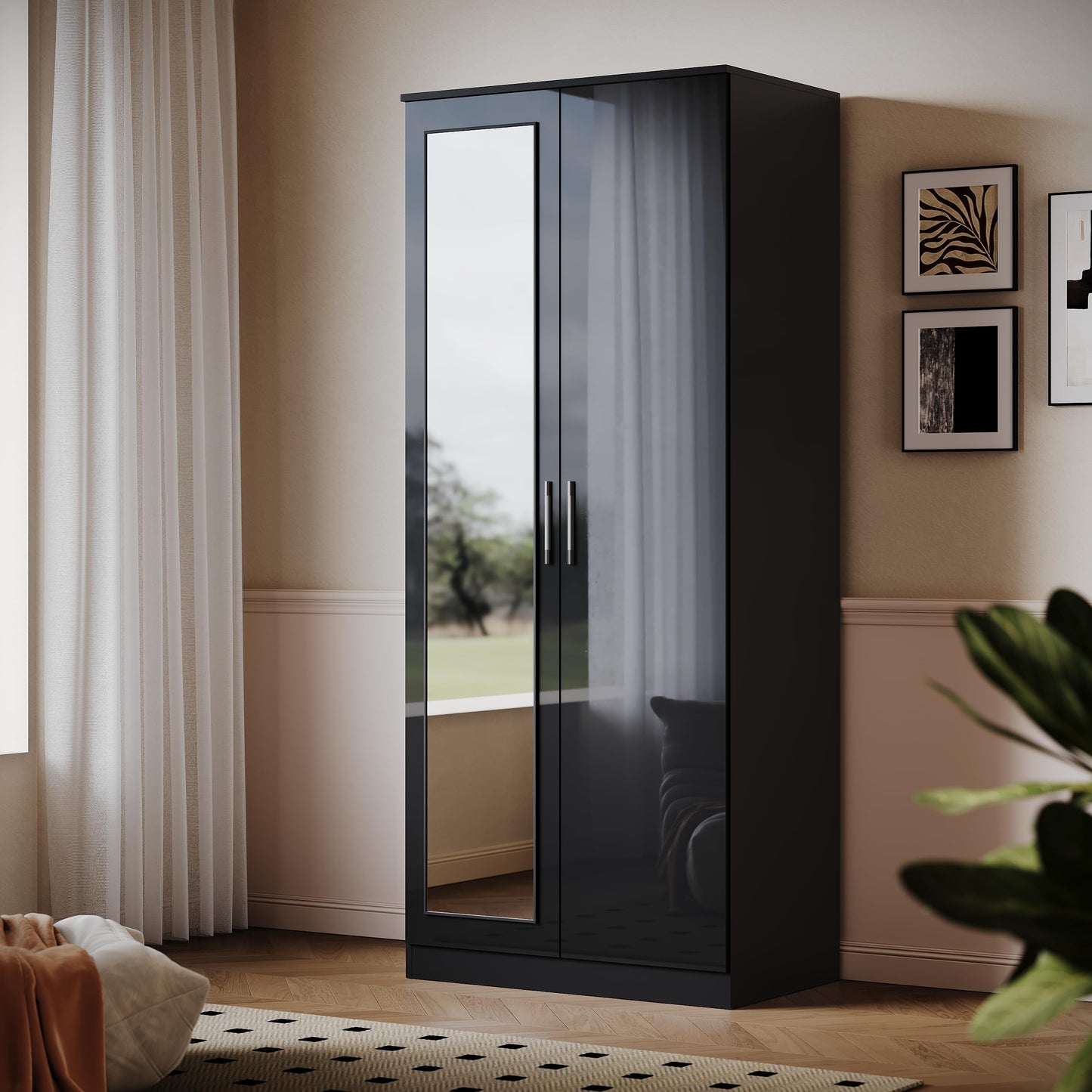 ELEGANT High Gloss Wardrobe with Mirror, Soft Close Hinge Mirrored Wardrobe