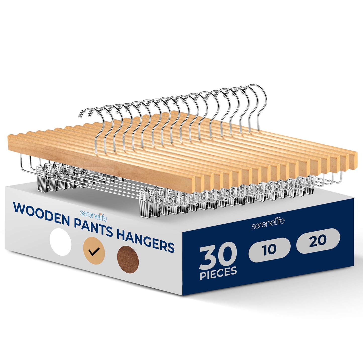 SereneLife 30pcs Natural Wooden Trouser Hangers, 35cm Anti-Slip Clips