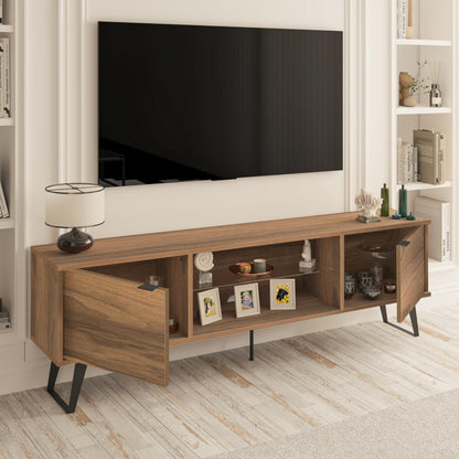 Uniqtrio TV Stand Cabinet | Walnut TV Unit with Glass Shelf | TV Cabinet | TV Stand Unit | TV Units for Living Room | TV Table |Soft Closing Hinges