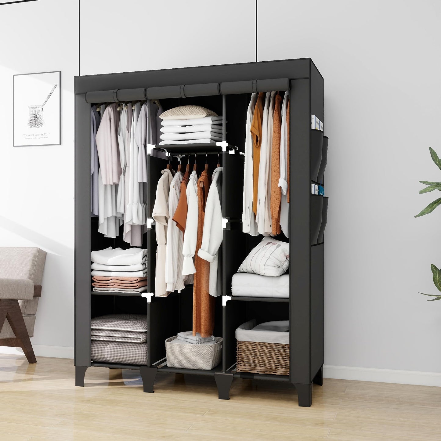 OPPAIYA Canvas Wardrobe, Portable Wardrobe With 3 Hanging Rails, 6 Shelves and 8 Side Bags, 165 * 45 * 125cm Temporary Storage Closet