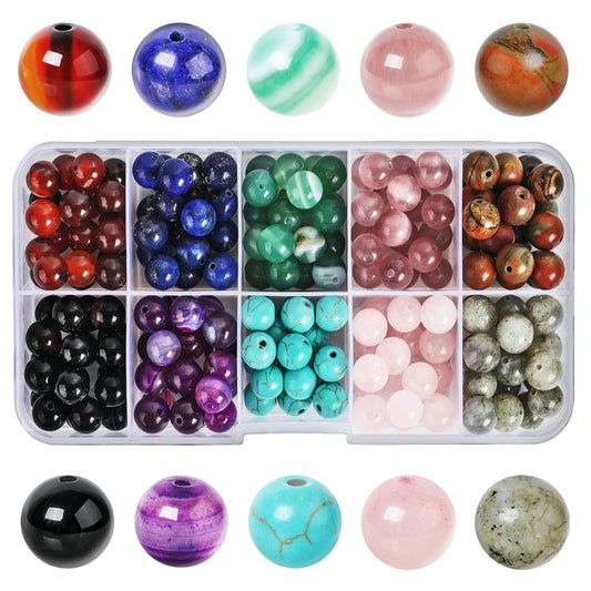SOSMAR 200pcs Stone Beads, 8mm Crystal Round Beads for Jewellry Making, Rose Quartz/Lapis Lazuli/Turquoise/Agate Craft Bead for Bracelet Necklace