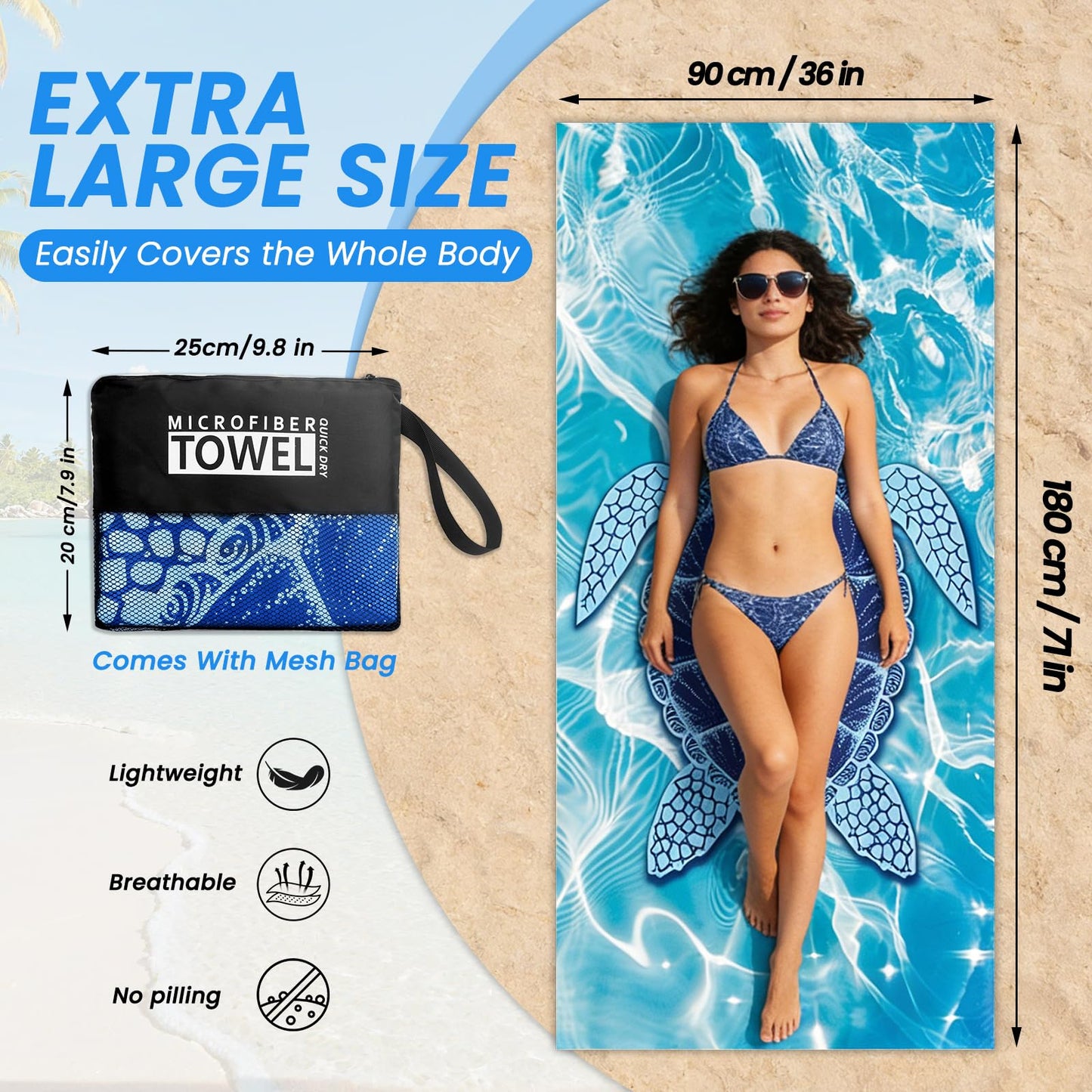 Microfibre Beach Towels for Adults - 2 Pack 180x90cm Microfibre Towel