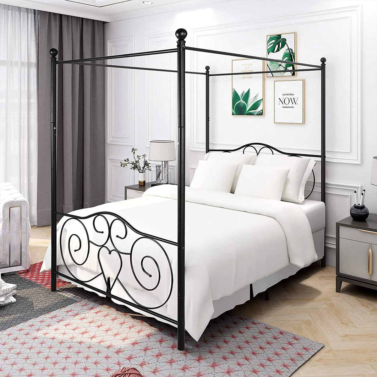 HAHRIR Double Canopy Bed Frame with Vintage Headboard & Footboard, Black