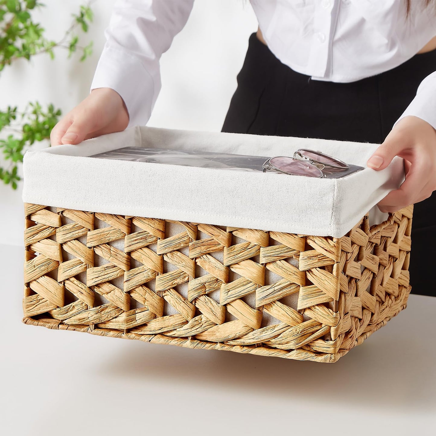 Vagusicc Water Hyacinth Storage Basket with Handle, Handwoven Set of 6 Wicker Storage Baskets for Shelves, Storage Boxes Bin