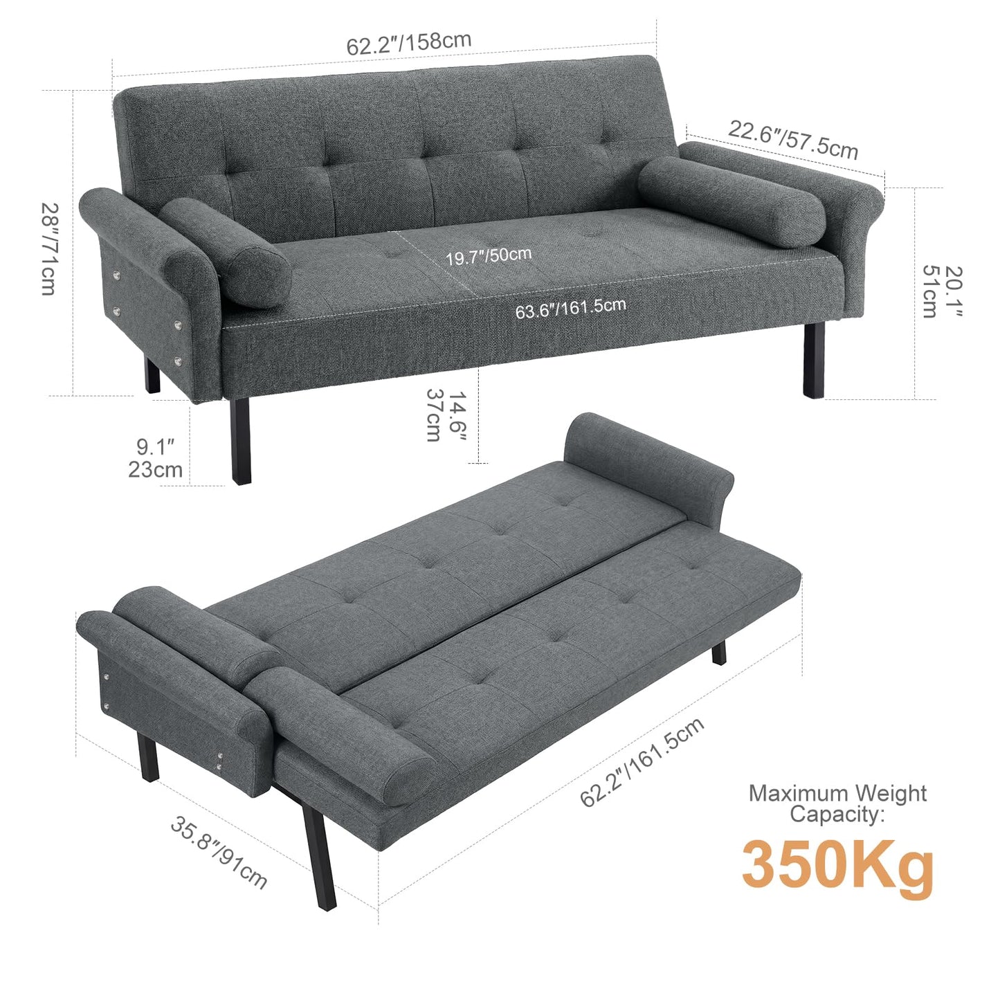 Panana Modern 3 Seater Sofa Bed, Fabric Upholstered Sofa bed with Metal Legs,Futon Recliner Lounge for Living Room, Spare Room, Bedroom
