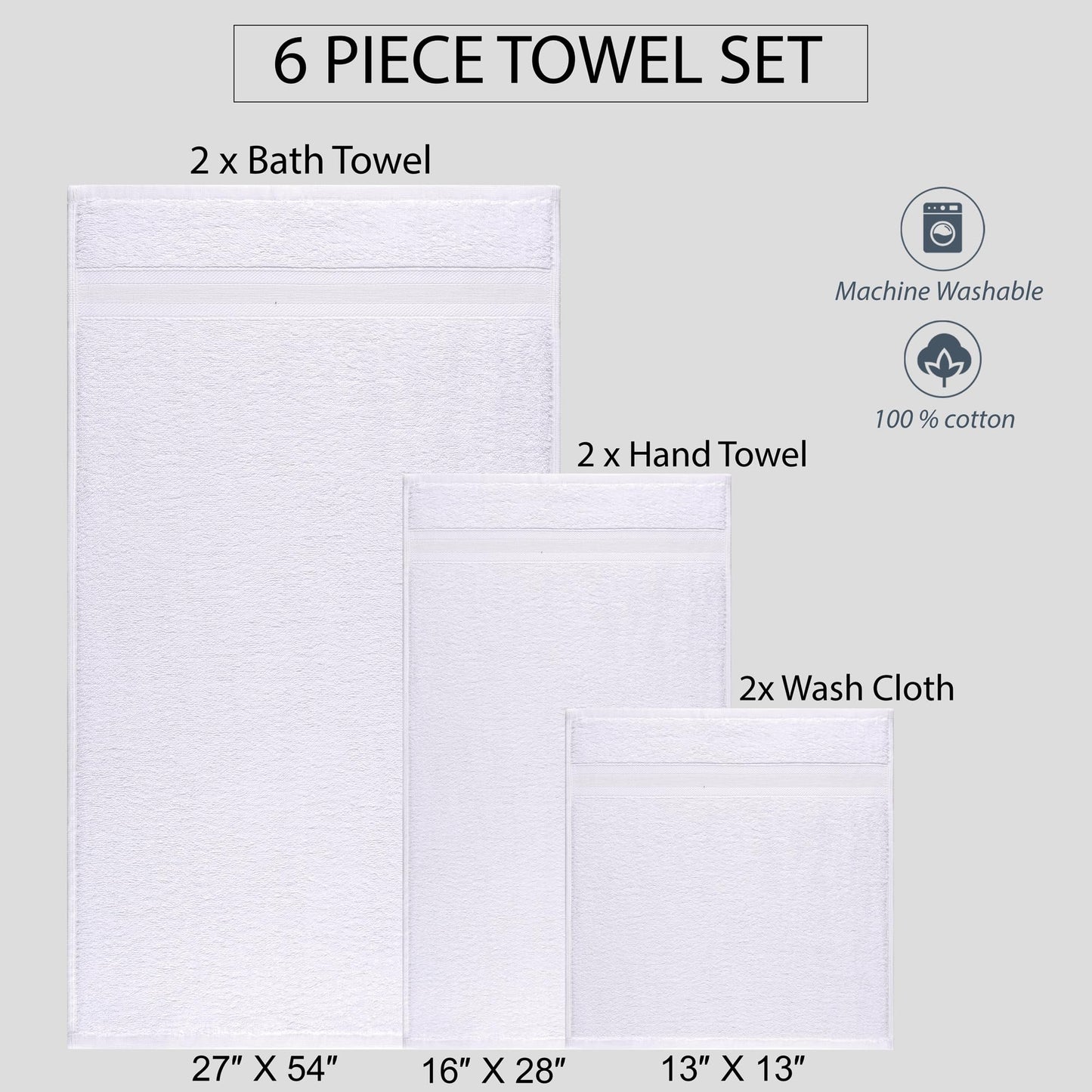 6 Pieces White Towel Set Quick-Dry High Absorbent 100% Turkish Cotton Towels for Bathroom, Pool, Gym, Camp, Travel, College Dorm 2 Bath Towels