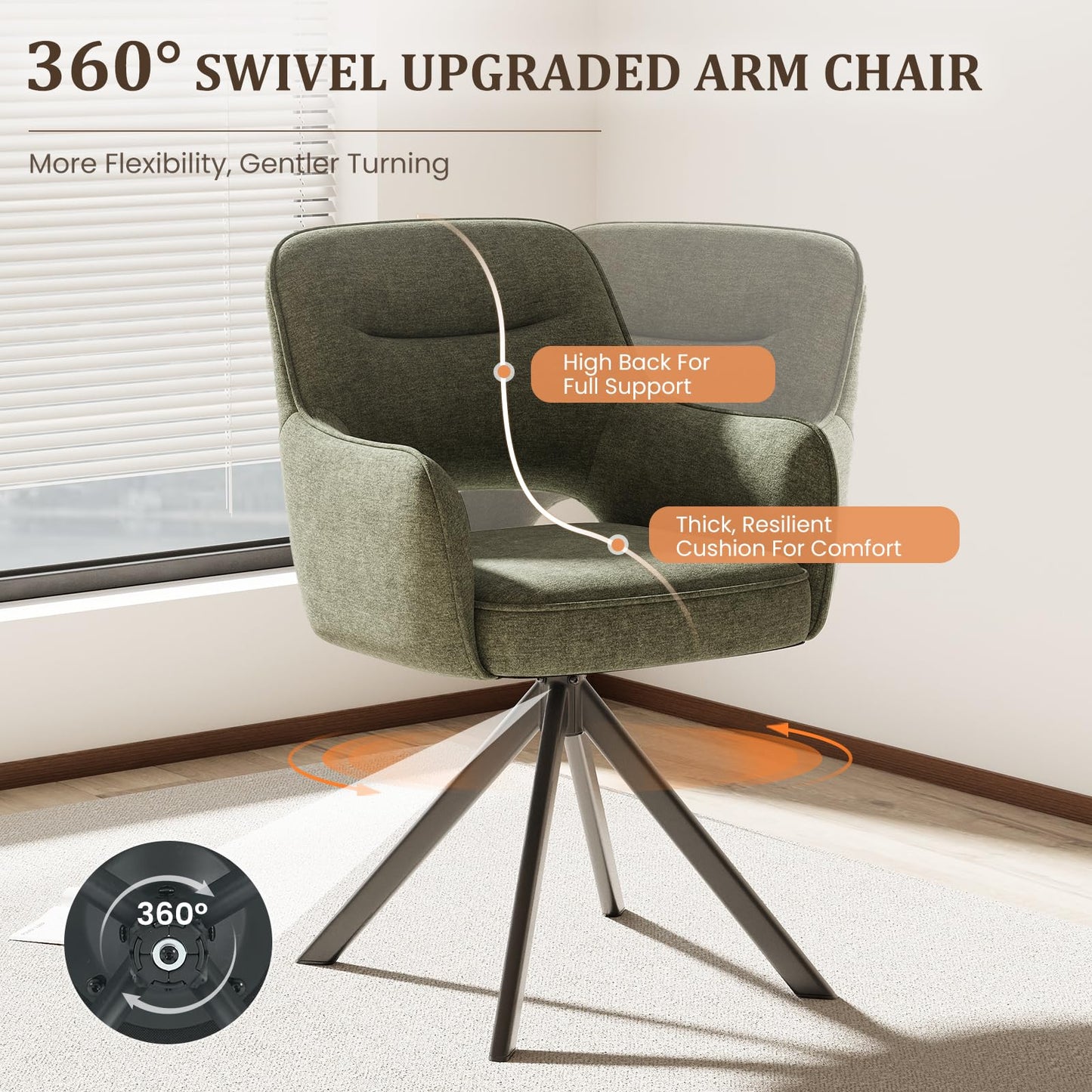 COLAMY 360°Swivel Dining Chairs Set of 4, Fabric Chairs for Dining Room with Armrests, Hollow Backrest and Thick Seat Cushion