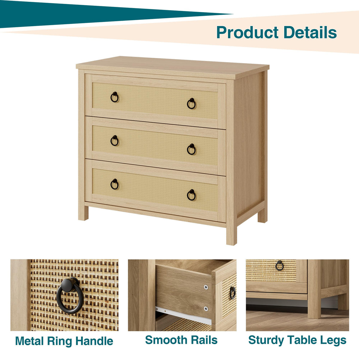 Crevyteg Natural Rattan Weave Dresser with Multiple Drawers, Sturdy Engineered Wood Storage Chest for Bedroom Living Room Nursery Hallway Organization