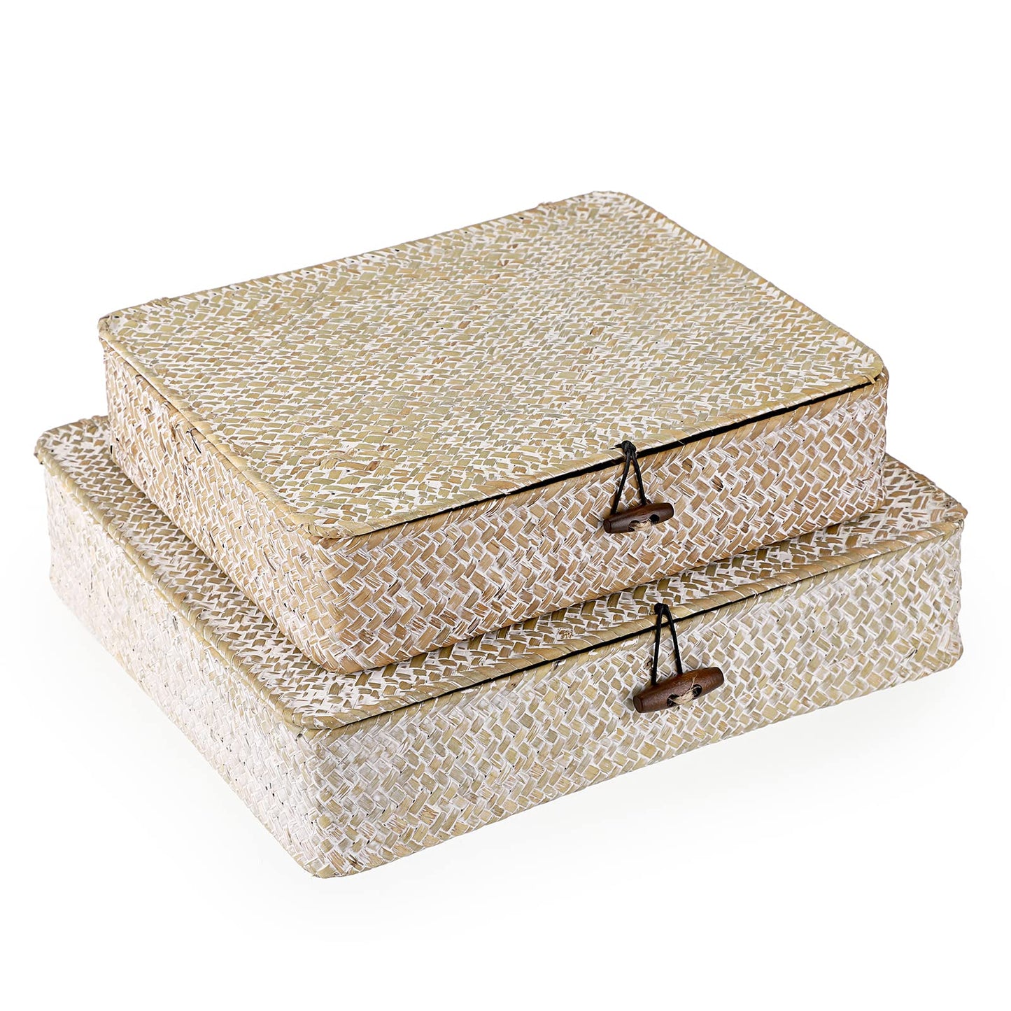 Hipiwe Set of 2 Flat Woven Wicker Storage Bins with Lid Natural Seagrass Basket Boxes Multipurpose Home Organizer Bins Boxes for Shelf Organizer
