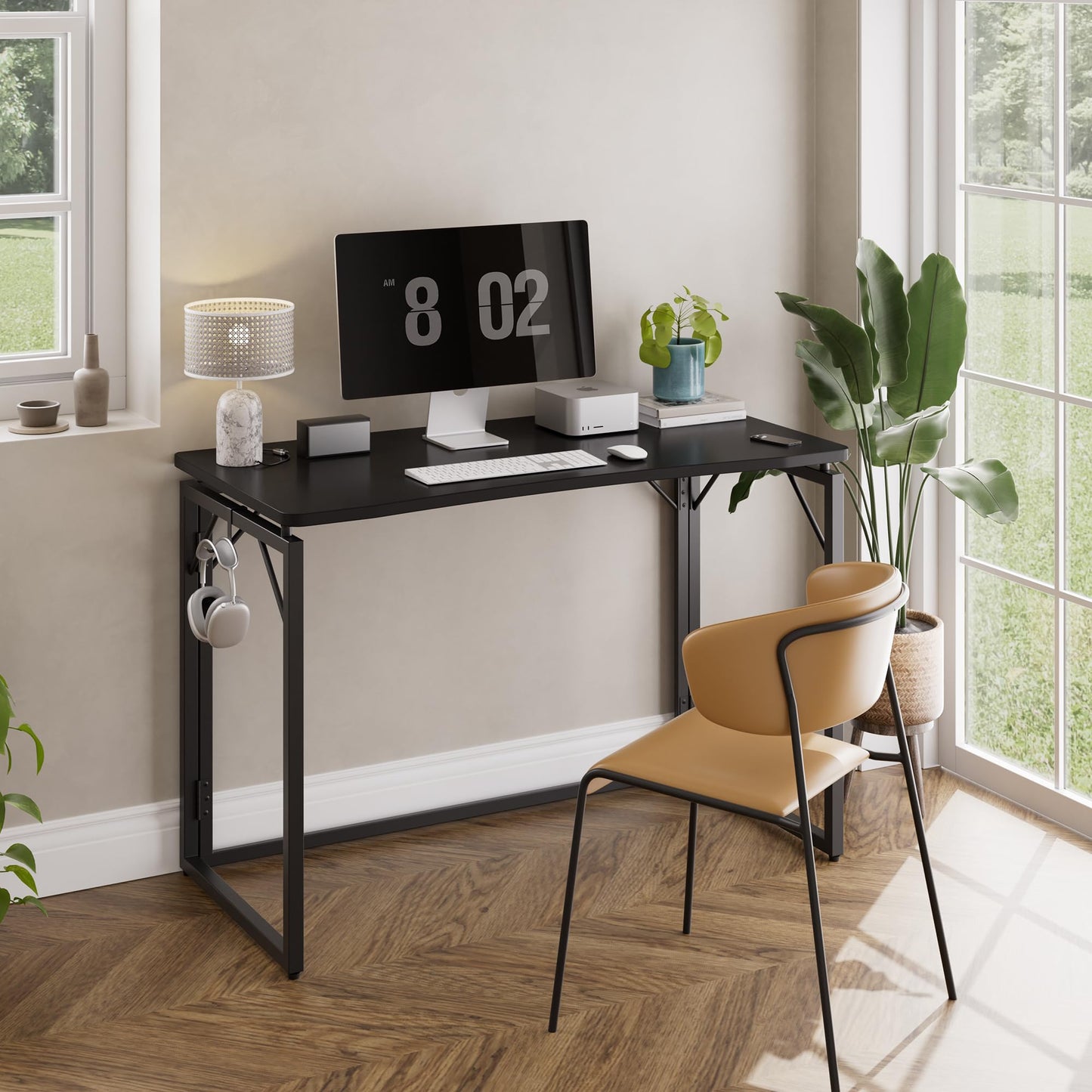 JOYMOOP Black 47.2" Folding Desk, No Assembly Small Foldable Desk for Home, Office, Wooden Top Folding Computer Desk for Working, Writing, Studying