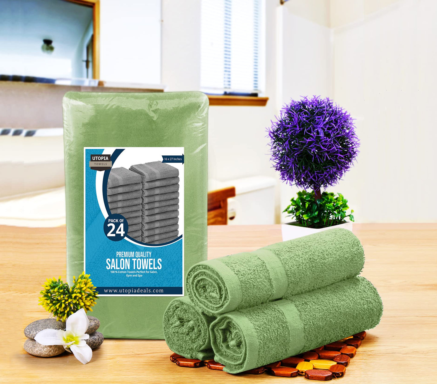 Utopia Towels Sage Green Salon Towels, Pack of 24 (Not Bleach Proof, 16 x 27 Inches) Highly Absorbent Towels for Hand, Gym, Beauty, Hair, Spa