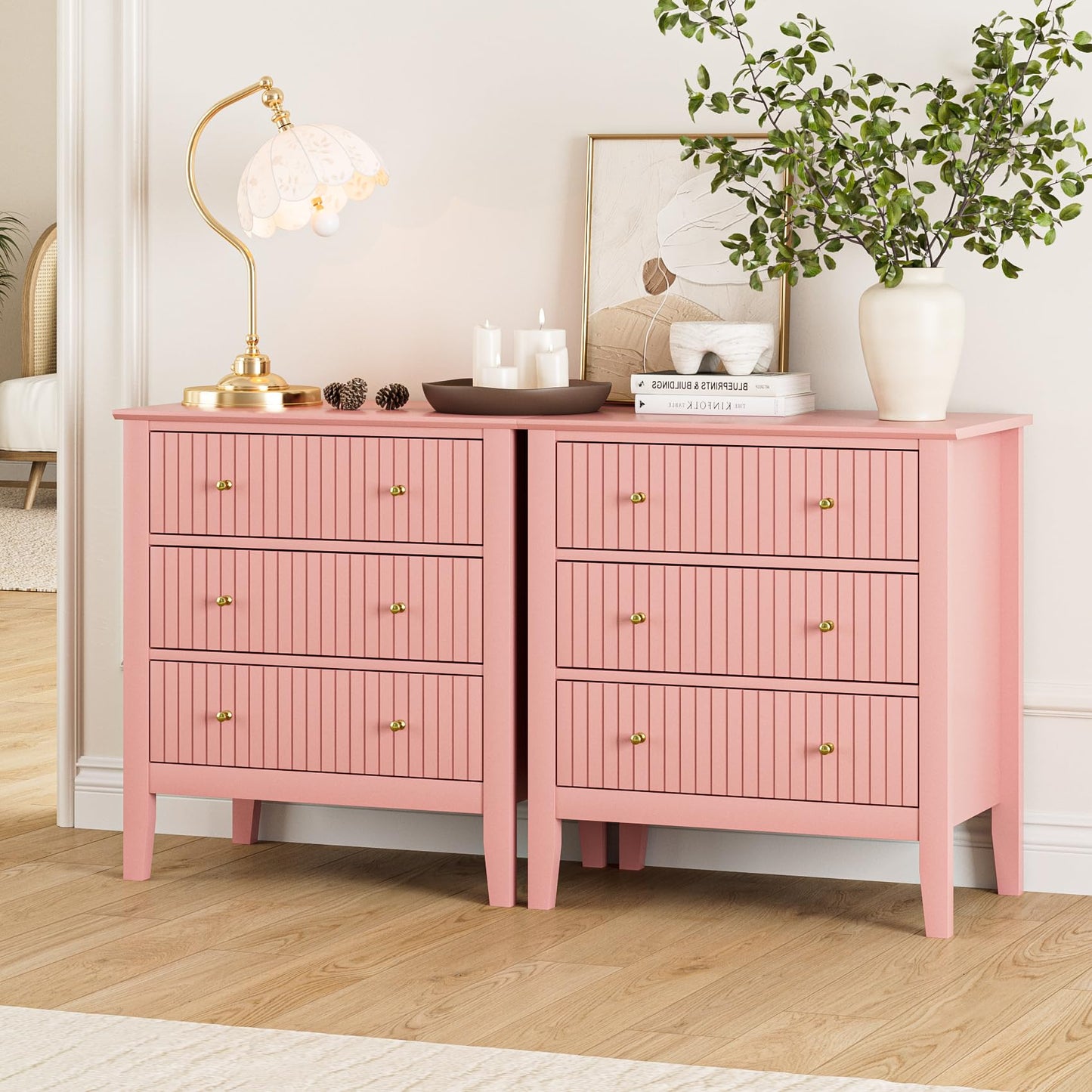 Apetaccat Large Bedside Table Bedroom, 3 Drawer Chest of Drawers, Bedside Cabinet With Metal Handles,for Bedroom Livingroom,Hallway,Pink