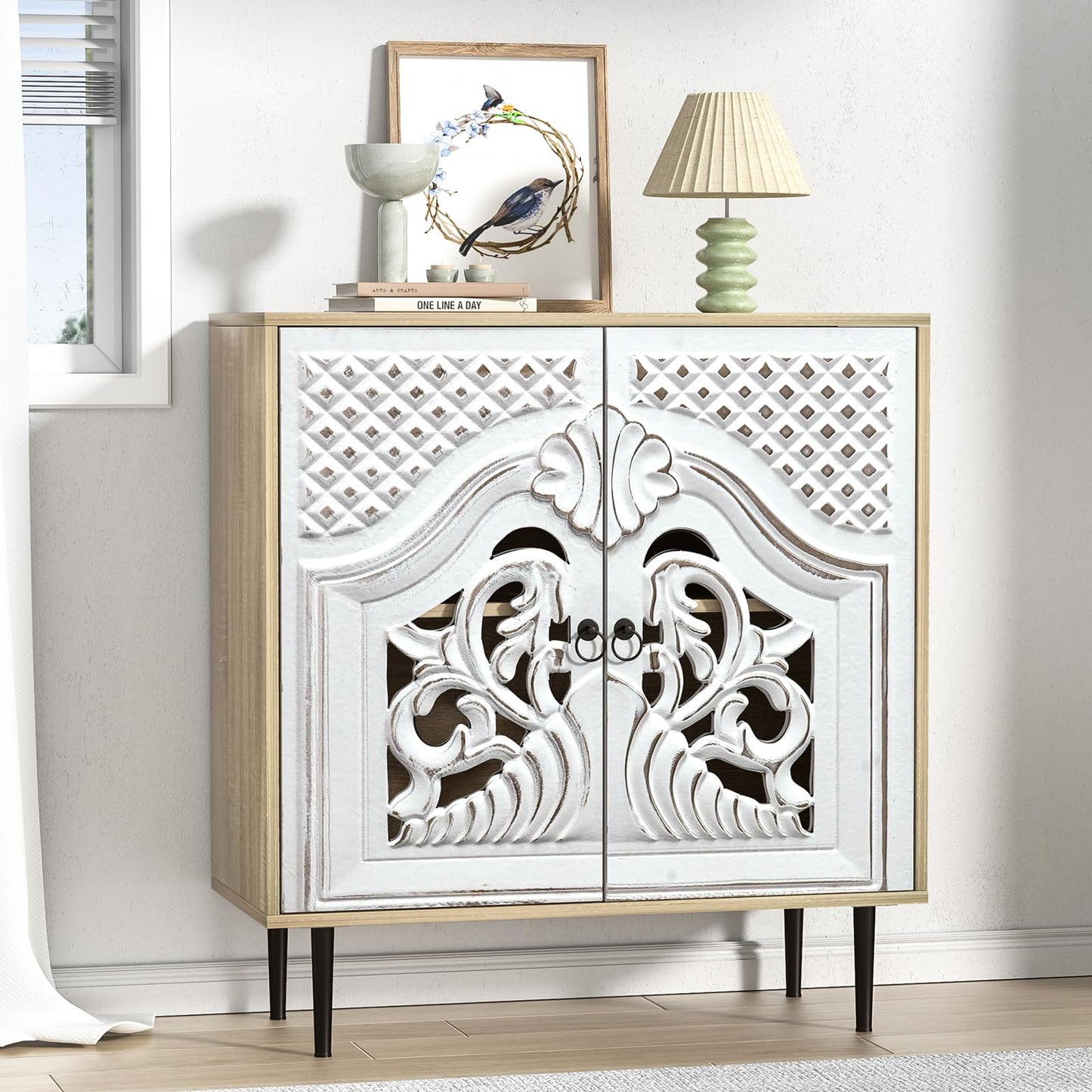 Skokliz Sideboard, Kitchen Sideboard with 2 Doors, Carved Kitchen Cabinet with Adjustable Shelves, Buffet Cabinet for Living Room, Dining Room