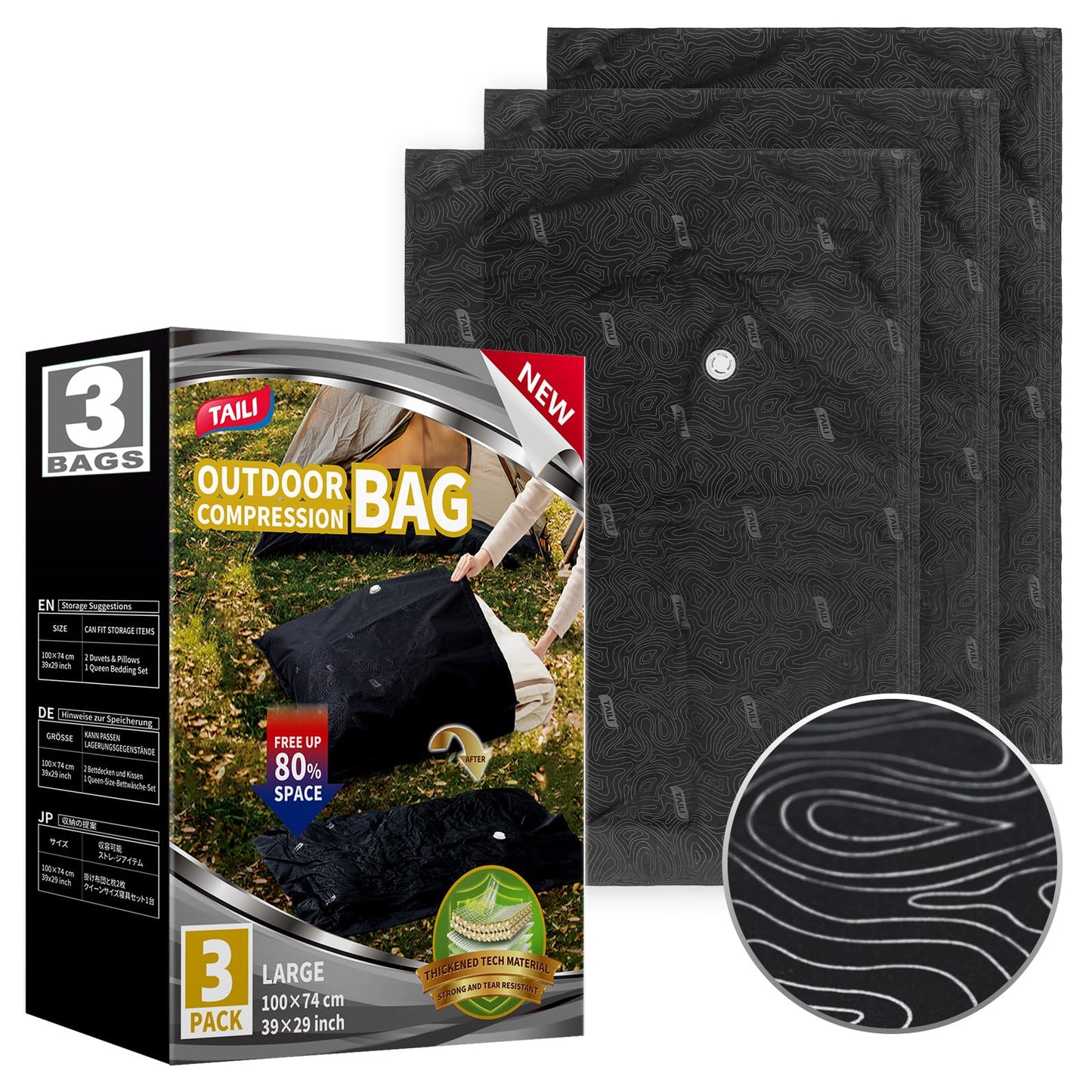 TAILI Vacuum Storage Bags Outdoor 3 Pack, Jumbo 100 x 74 CM, Tear-Proof