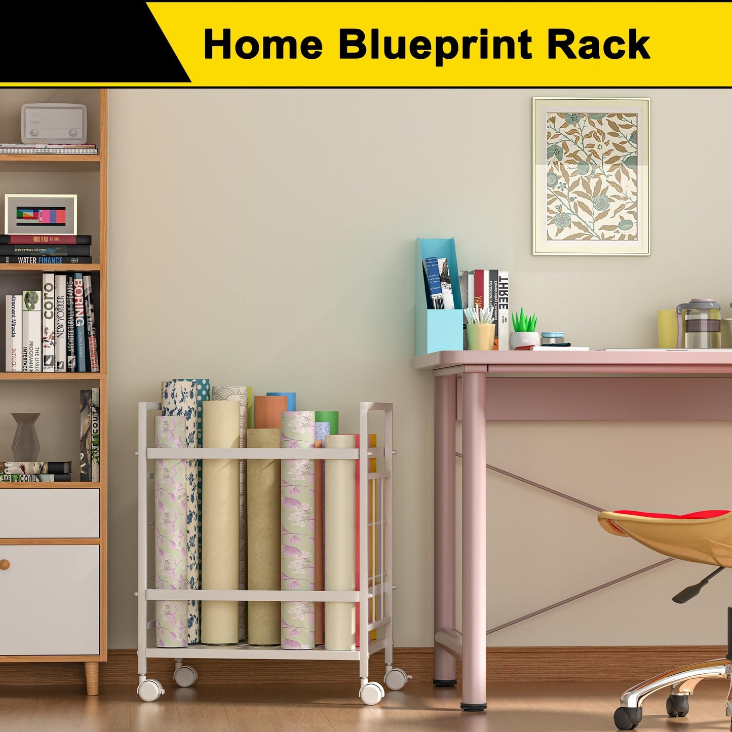 Jowkou Blueprint Storage Rack Cart with Wheels, 20-Slot Blueprint Holder, Construction PlanMap Holder, Blueprint Storage Organiser Table, White