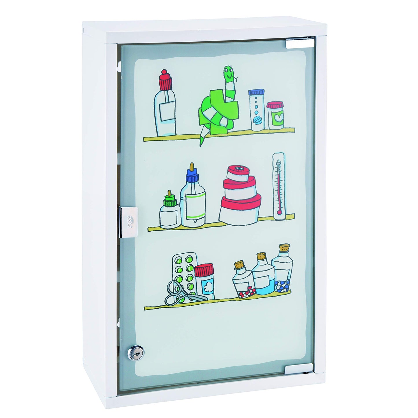 Haushalt International HI Medicine Cabinet Metal with Glass Door and Lock (Printed) in White - Medicine Cabinet for Medicine Storage, Lockable