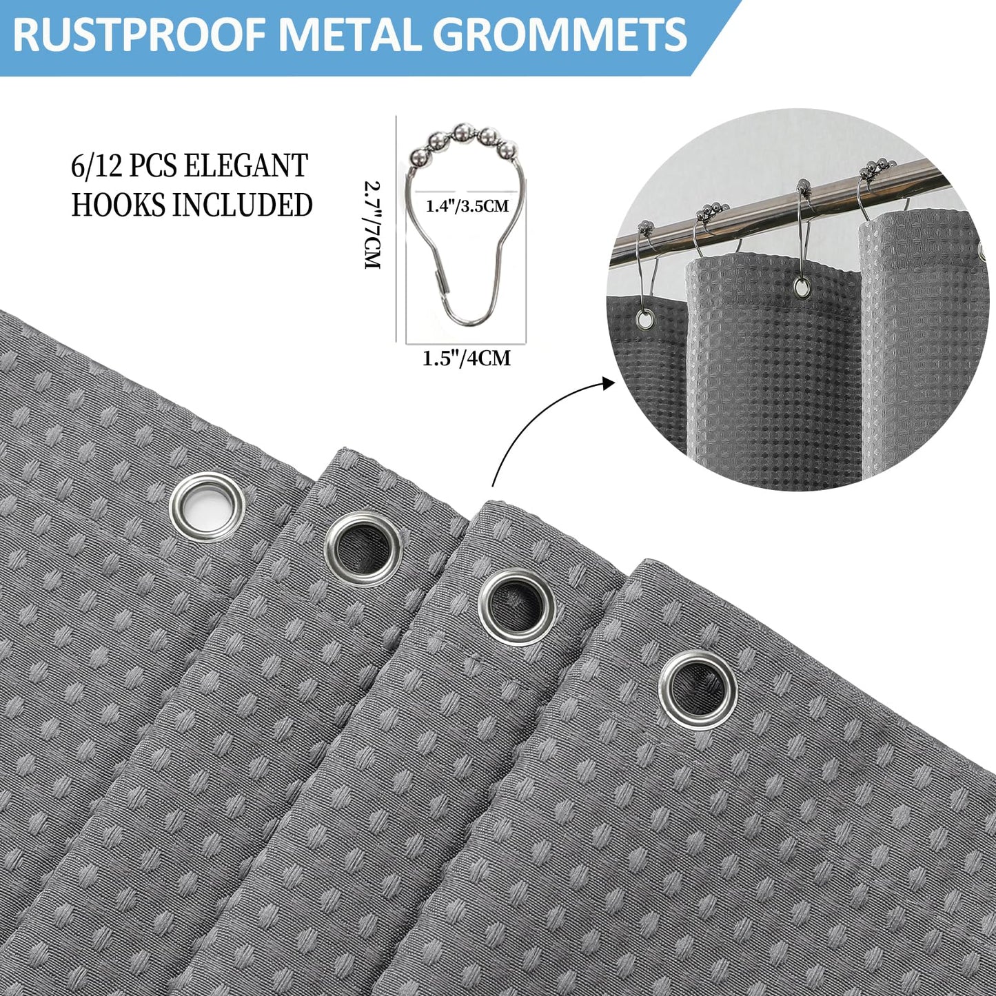 FY&XZH Heavy-Duty Waffle Weave Shower Curtain with Stainless Steel Hooks, Thick Fabric for Bathroom, Hotel, Spa & Salon-153 x 183cm (Gray)