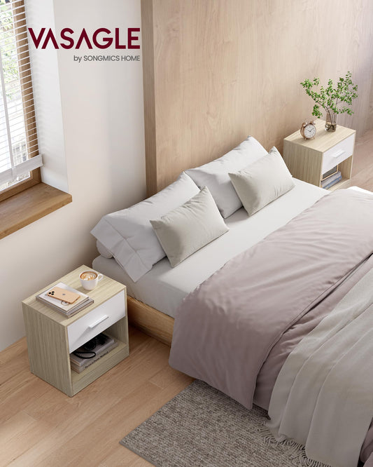 VASAGLE Bedside Tables, Set of 2, Side Table with Drawer, Handle, Open Compartment, End Table, for Bedroom, Living Room, Natural Beige and Classic
