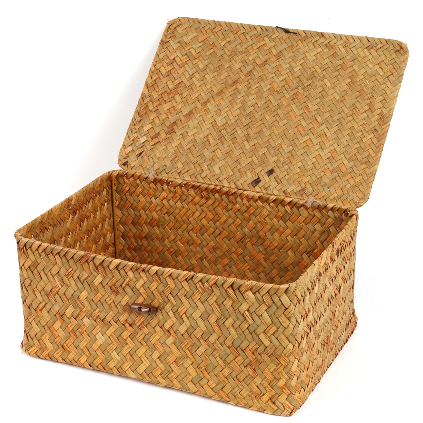 FEIALNDUO Wicker Shelf Baskets with Lid,Seagrass Storage Basket Bins Rectangular Handwoven Basket Boxes for Shelves Desktop Home Organizer