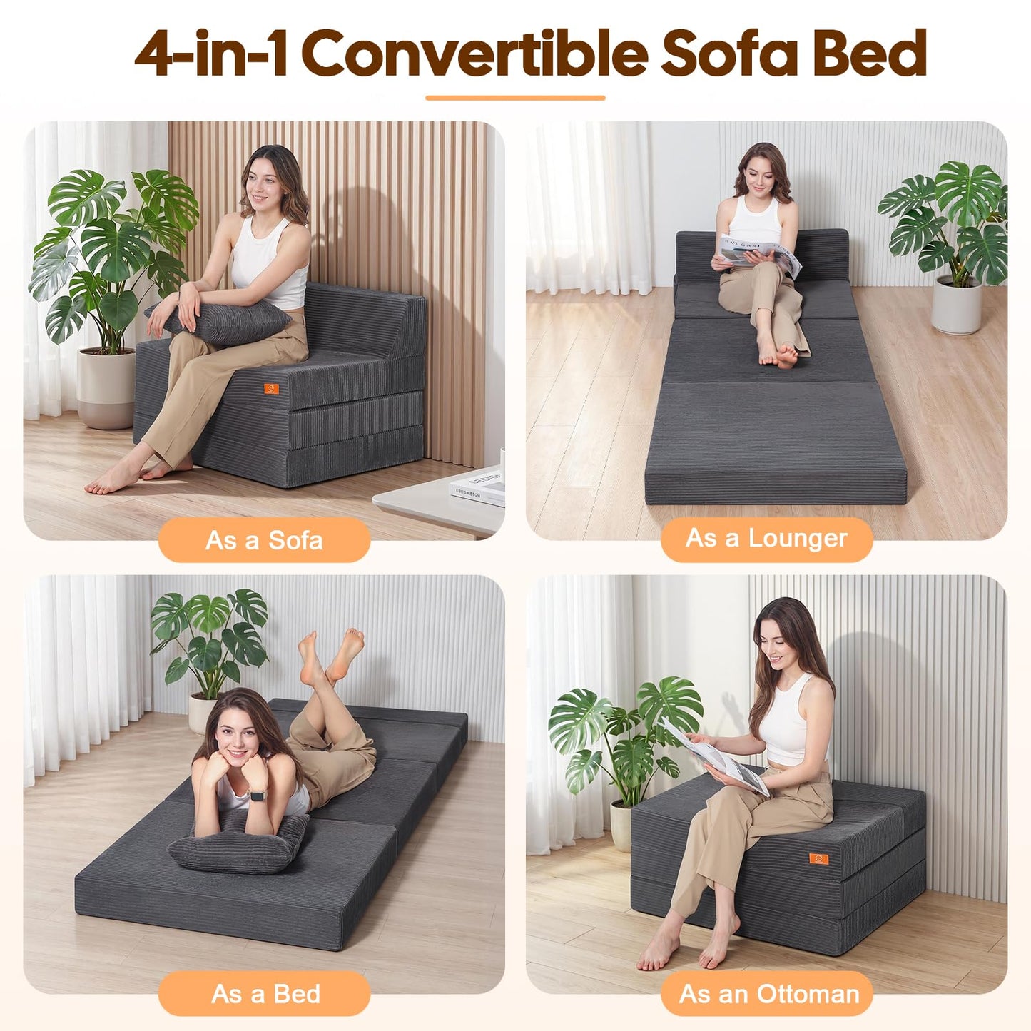 MeMoreCool Single Folding Sofa Bed Chair, Convertible Boneless Couch, Grey