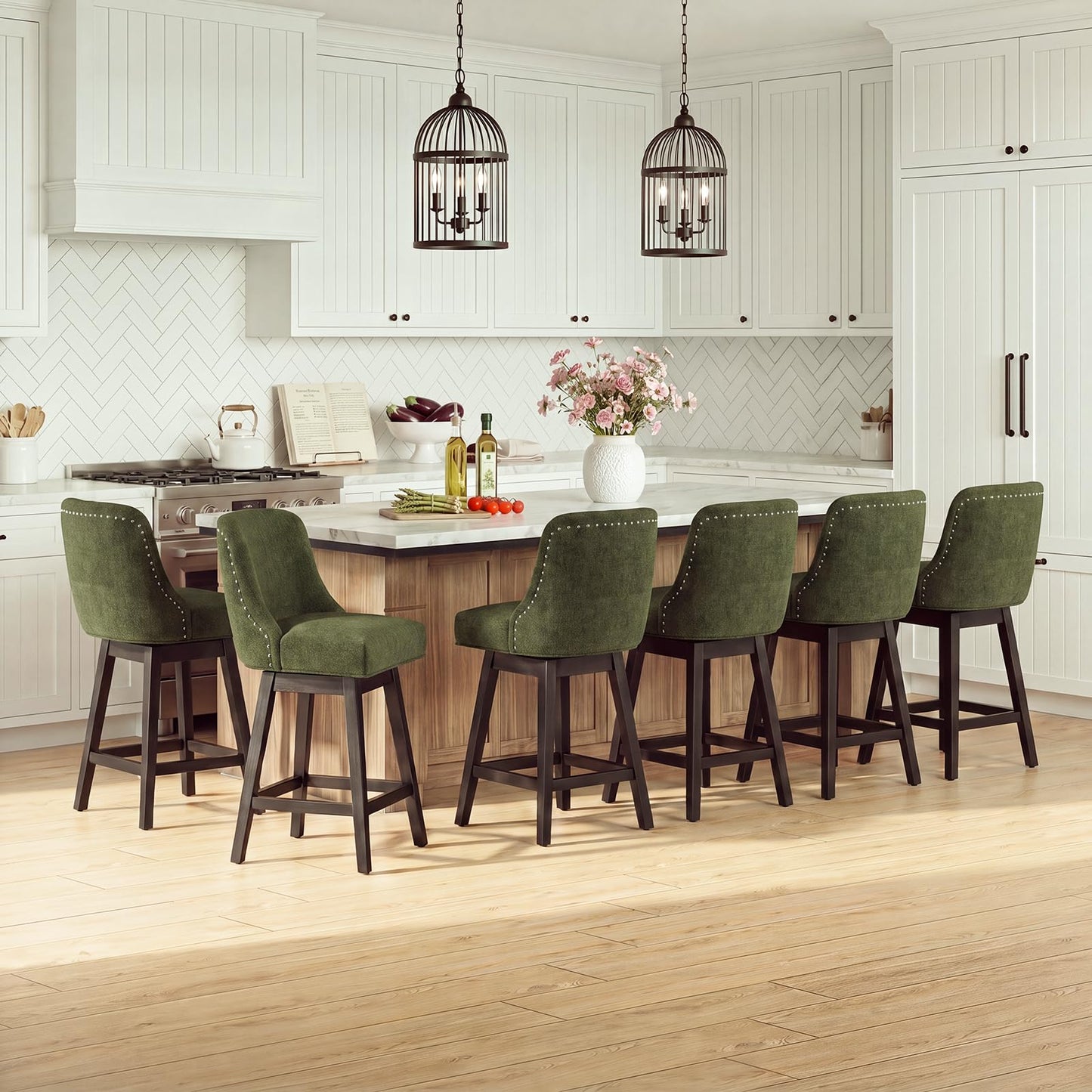 Bar Stools Set of 6, 360° Swivel Upholstered Counter Stools with Back, Wooden Frame Kitchen Bar Chairs with Nailhead Trim