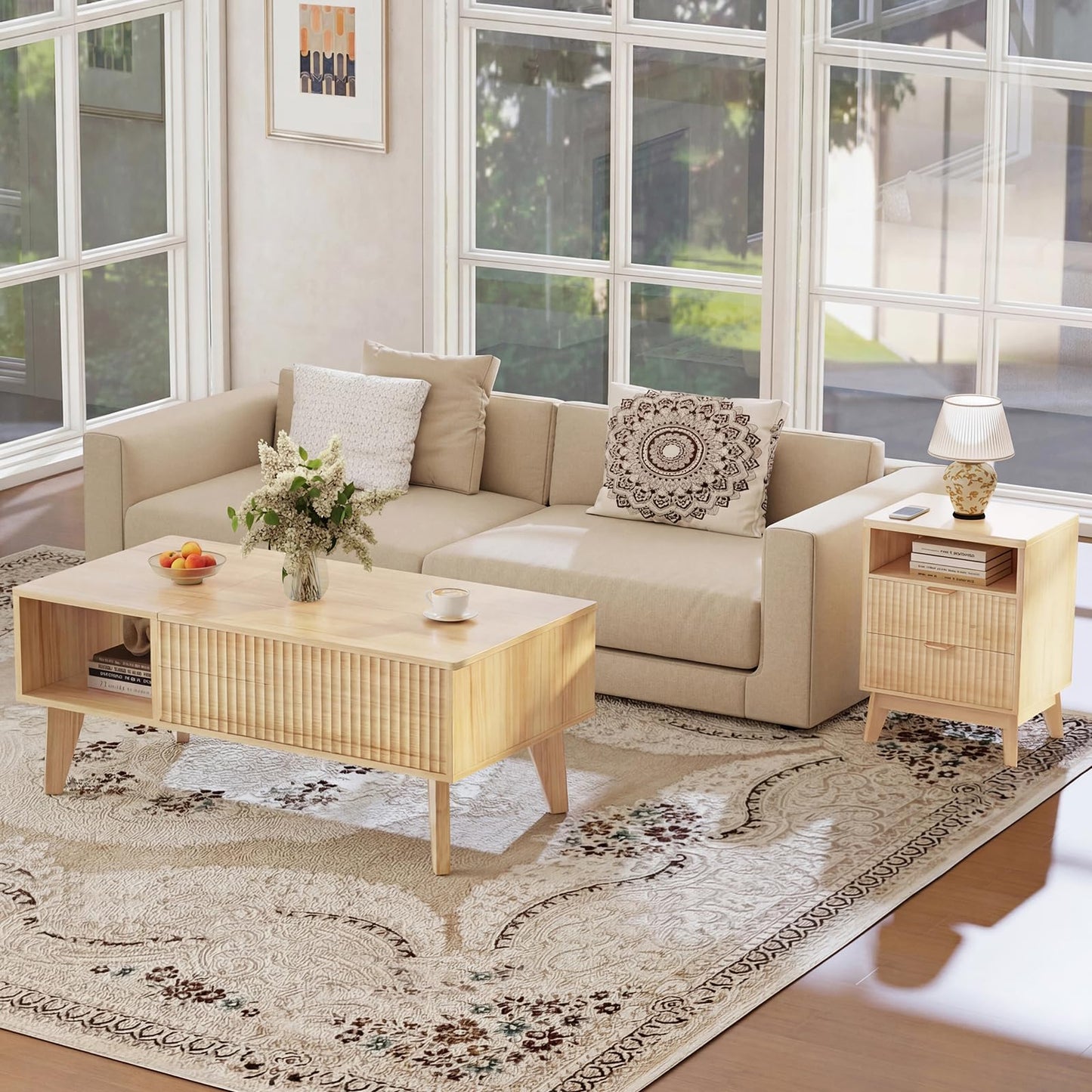 LYNCOHOME Lift Up Coffee Table, Modern Oak Coffee Tables for Living Room, Square Coffee Table with Hidden Storage,Extendable Tabel,Wooden,Home