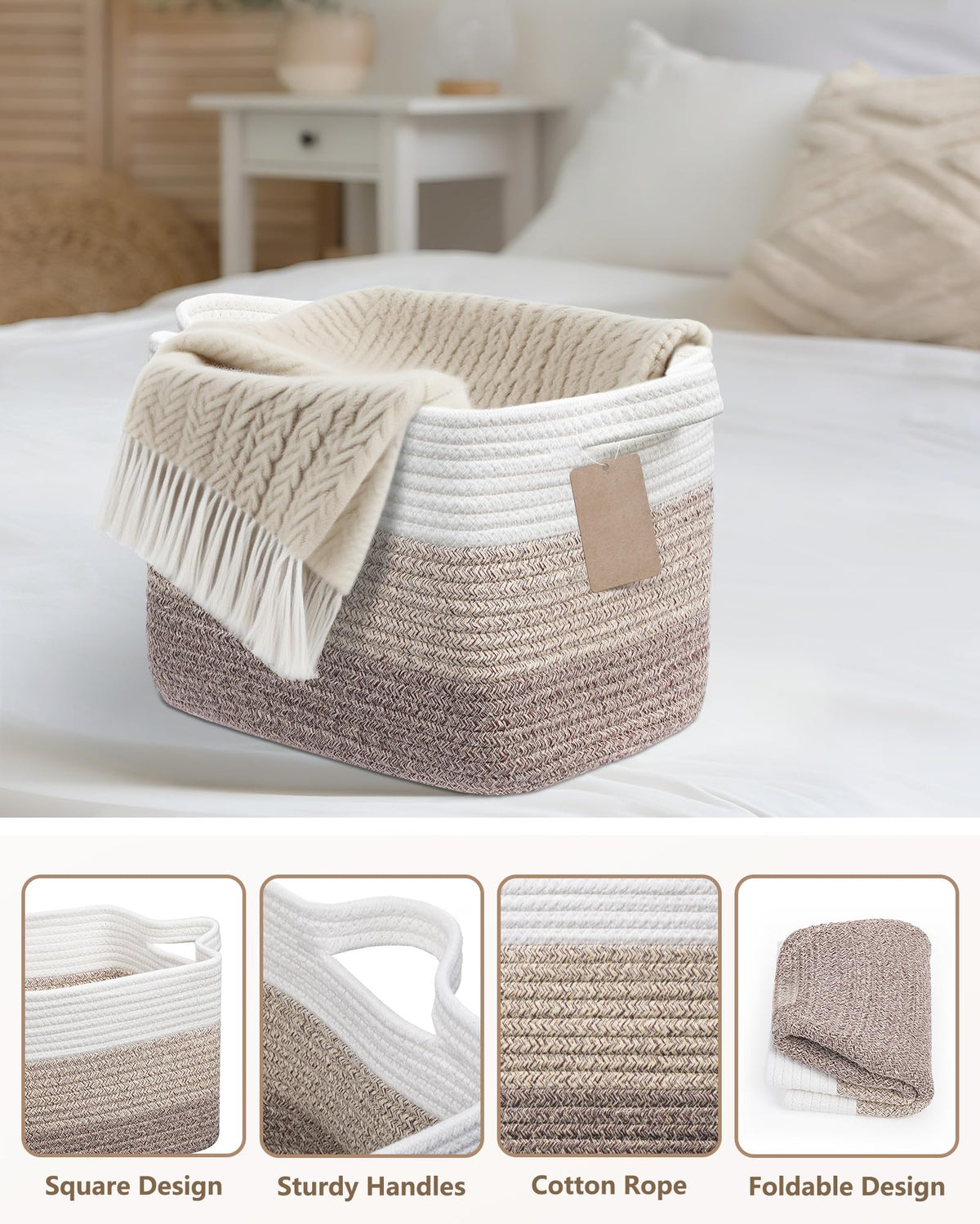 JOJOSEE Small Cotton Rope Woven Storage Basket for Shelves, Brown