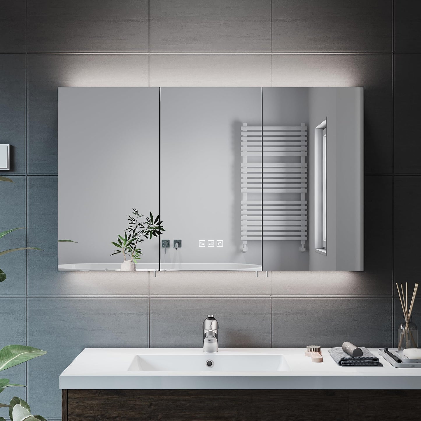 ELEGANT LED Bathroom Cabinet with Shaver Socket Triple Door Wall Mounted Black Bathroom Mirror Cabinets with Three-color Infinitely Dimmable and