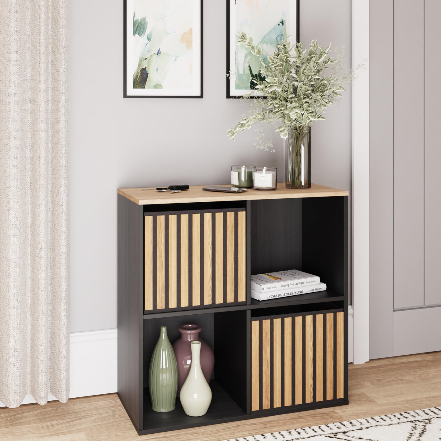 GFW Kube 2x2 Storage Unit Black & Medium Oak, Cube Bookcase with Open and Hidden Storage Compartments, Modern Shelving Unit