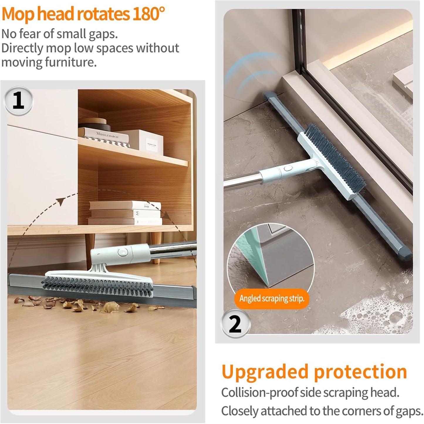 Telescopic Wiper Silicone Blade, 20cm Hard Brush & 180° Swivel Head (125cm/49") Floor Squeegee Scrubber with 50" Adjustable Handle and Grout Brush