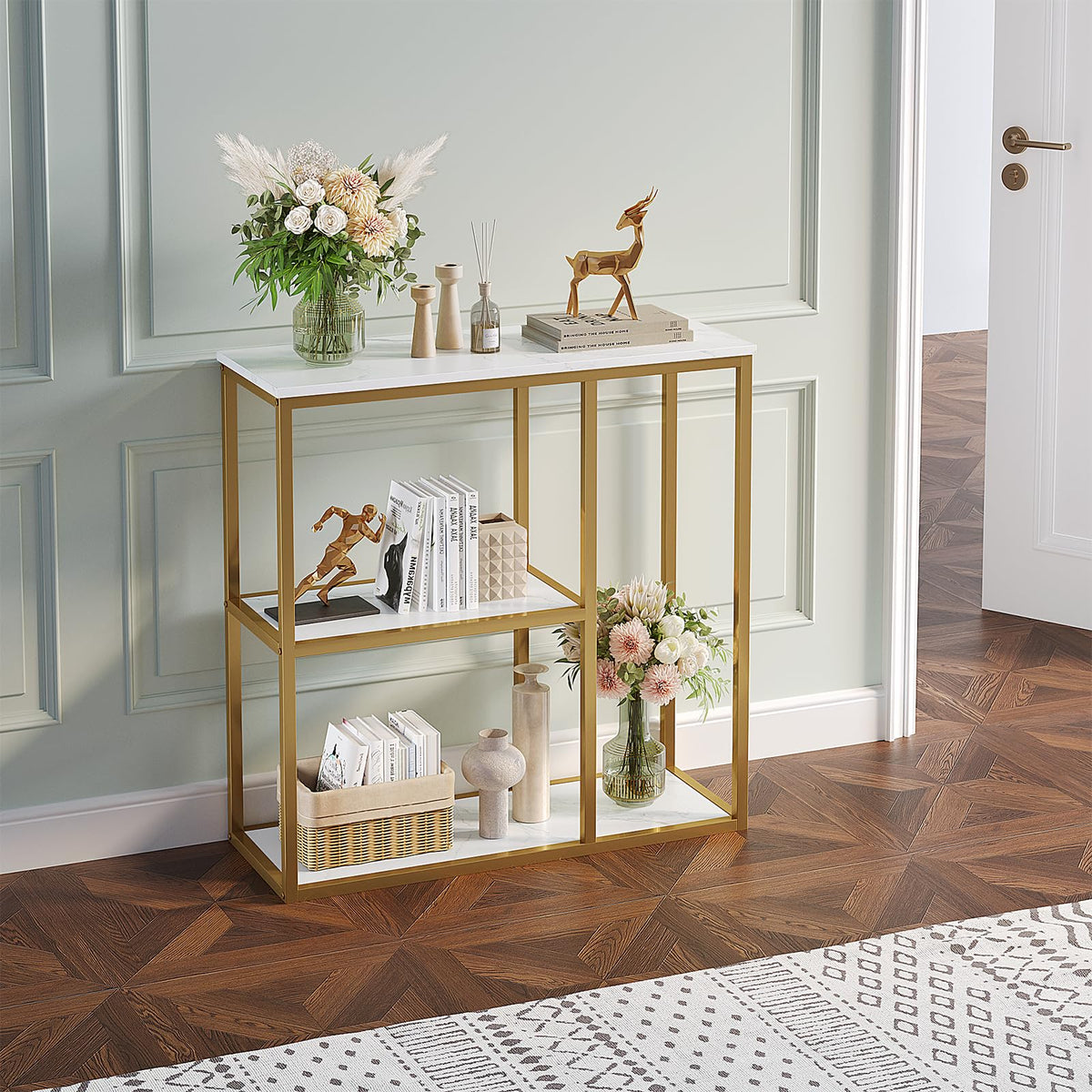 WOHOMO Console Table Small Gold Entryway Tables with Storage Shelves 80cm