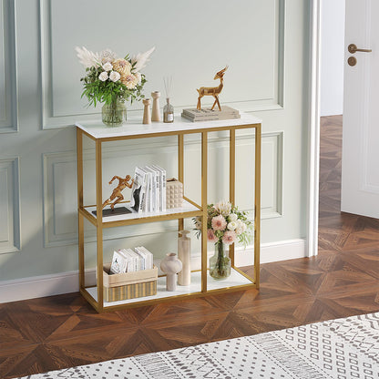 WOHOMO Console Table Small Gold Entryway Tables with Storage Shelves 80cm