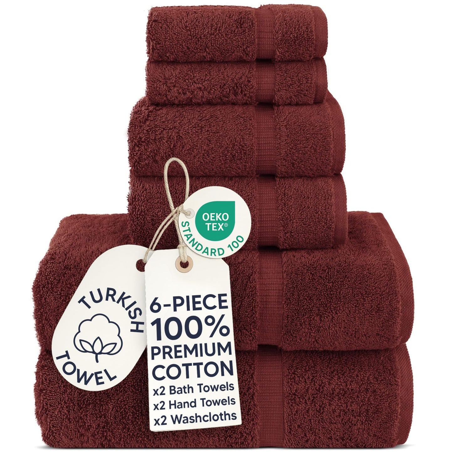 Chakir Turkish Linens Luxury Spa and Hotel Quality Premium Turkish Cotton 6-Piece Towel Set (2 x Bath Towels, 2 x Hand Towels, 2 x Washcloths)