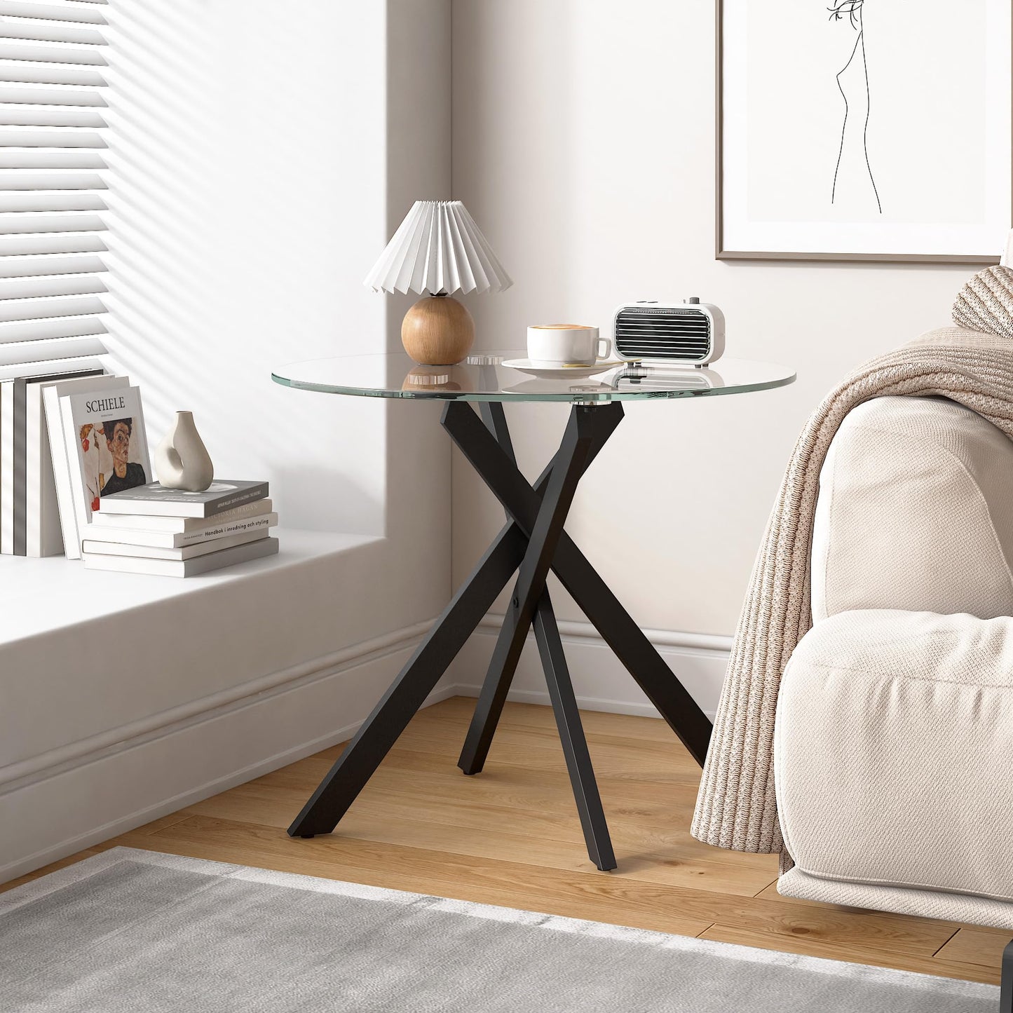 GOLDFAN Glass Side Table High Gloss Round End Table with Tempered Glass Top and Metal Tubular Legs