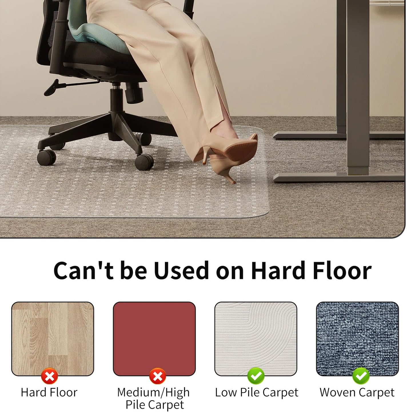 WASJOYE Carpet Chair Mat Large Chair Mat 117 x 152cm Non-slip 2.2mm Thick PVC Transparent Carpet Floor Protector Mat for Home and Office Low Pile